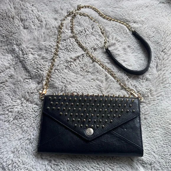 Rebecca Minkoff Crossbody Bag Studded Chain Black Leather Gold Biker Grunge Rock - Picture 8 of 16